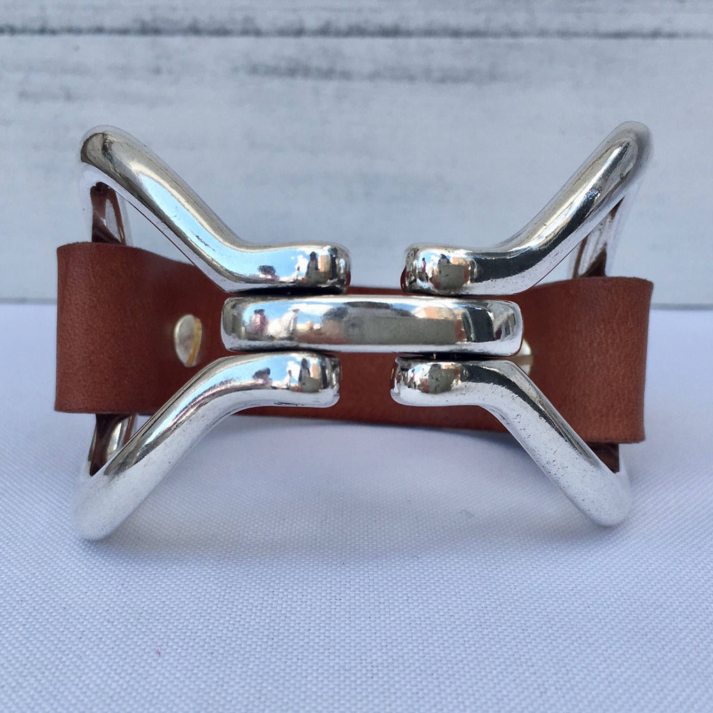 Two-Sided Zamak Snaffle Bit Bracelet with Brown Leather Cuff