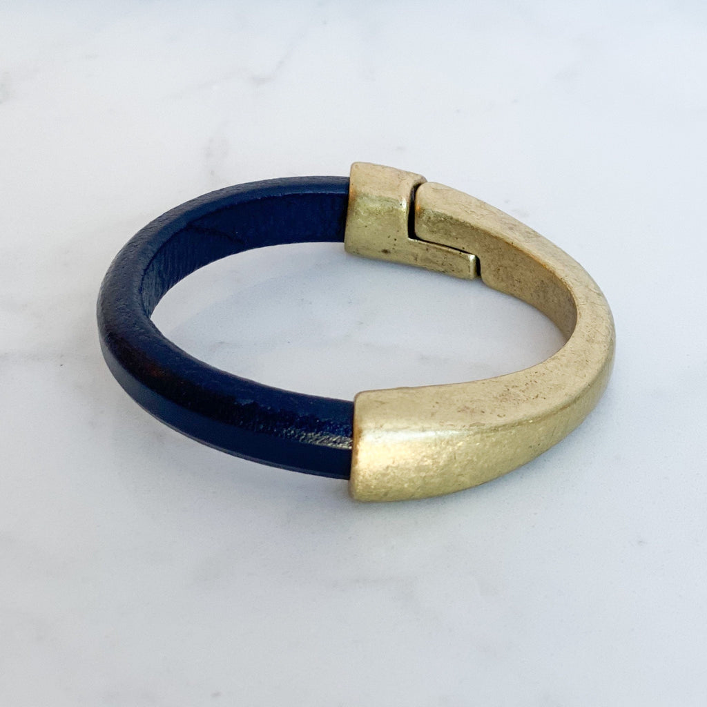 Dark navy blue leather bracelet with antique brass magnetic clasp