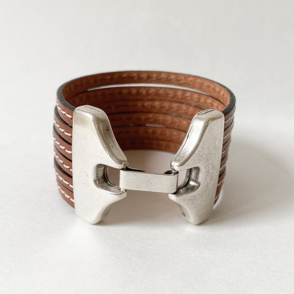 Dark Brown multi strand bracelet with white stitching