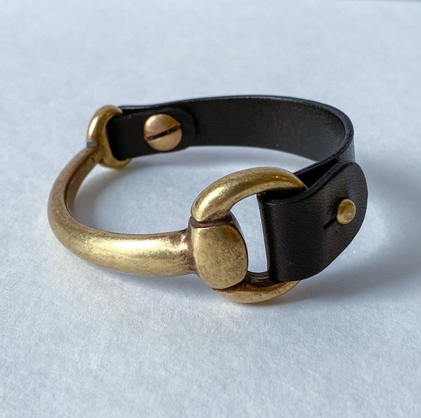 Small black leather and brass snaffle bit bracelet