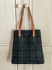Green Navy Blue Watch Plaid City Tote Oil Cloth Bag with brown leather straps