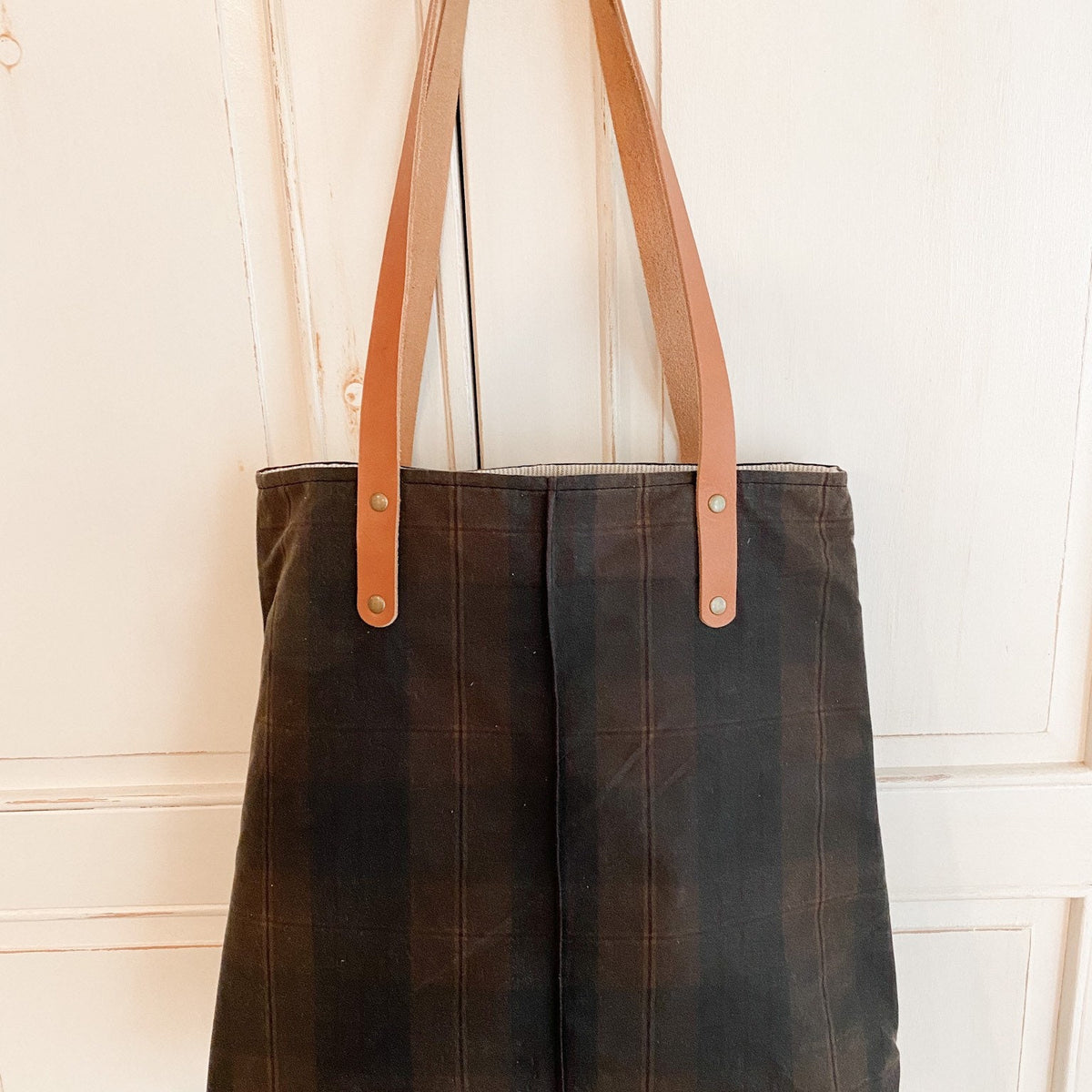 Gold Brown Plaid City Tote Oil Cloth Bag with Handmade Leather Straps