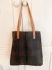 Gold Brown Plaid City Tote Oil Cloth Tote Bag with Handmade brown leather straps